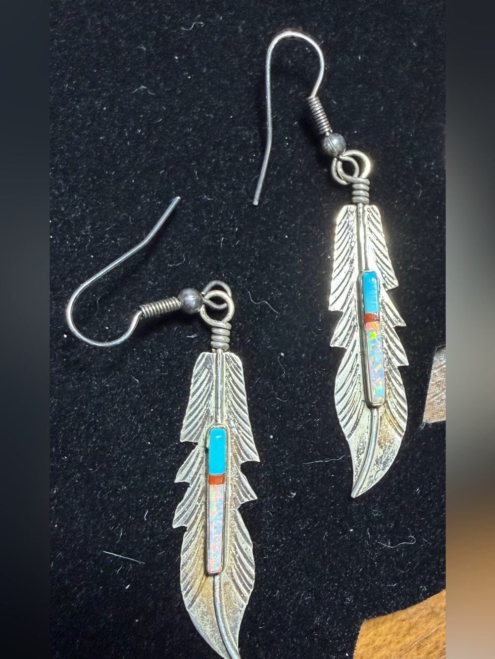 Vintage Navajo BARNEY Sterling Silver Turquoise Coral Opal Inlay Feather earring